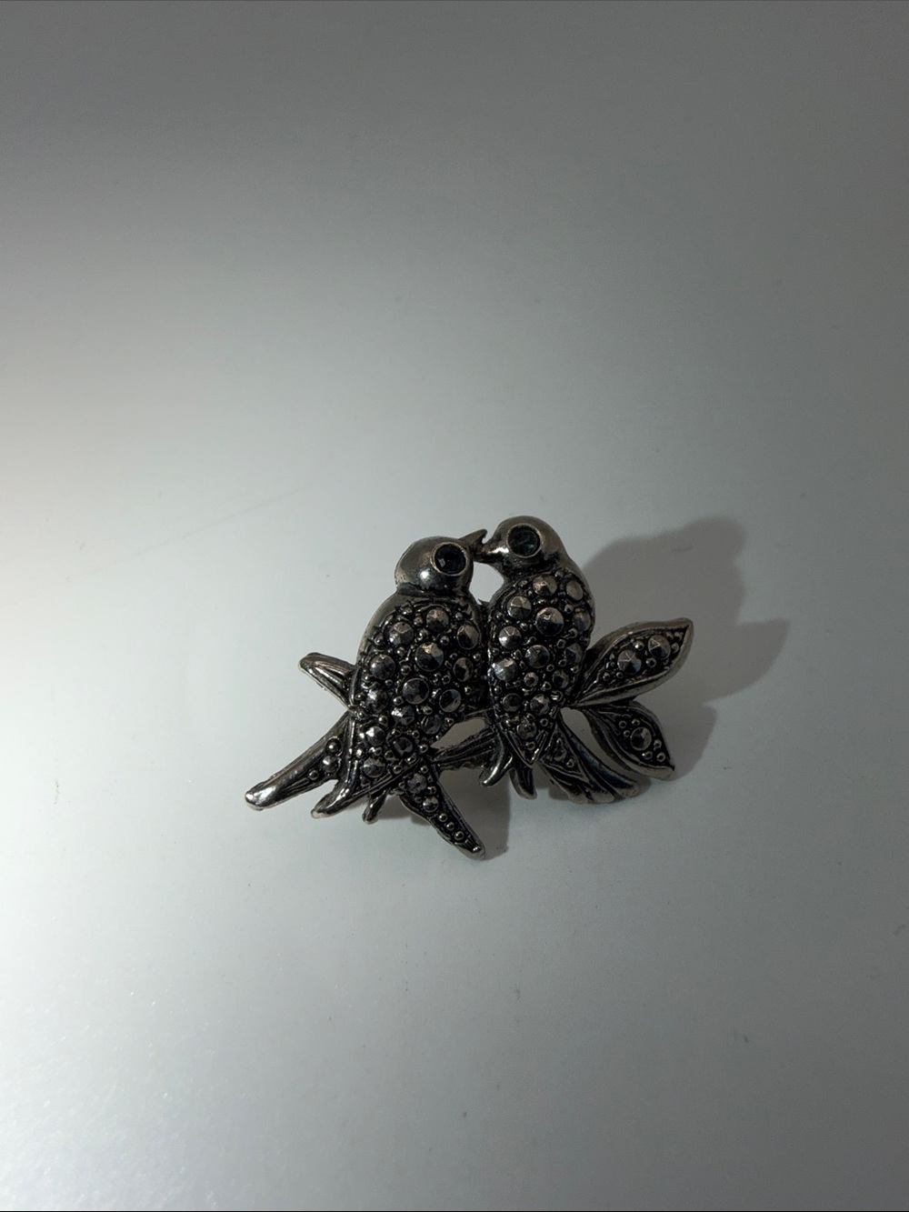 Vintage Marcasite Lovebirds Brooch with Blue Topaz-Colored Eyes Lapel pin